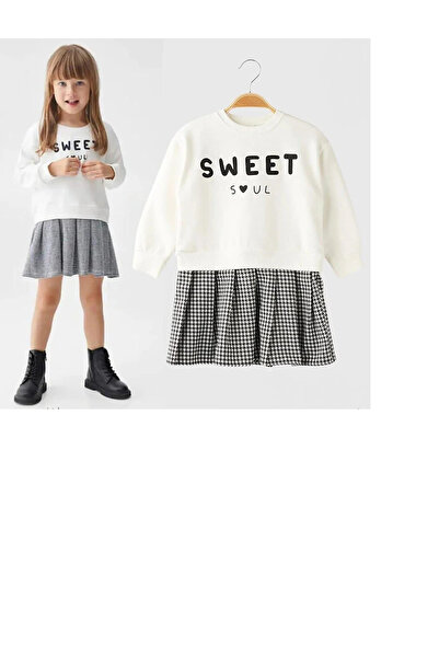 LOTUS BUTİK 33 Bicycle collar sleeve and waist cuffed girl's double suit with gingham Midi skirt