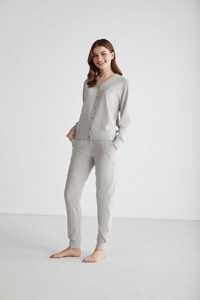 U.S. Polo Assn. Γυναικείο σετ πιτζάμες με χειμωνιάτικο βαμβακερό γκρι μελανζ στενό πόδι