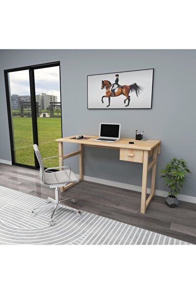 WOODFACE Masif Ahşap Doğal Ahşap Çekmeceli Çalışma Masası 116x55 Cm