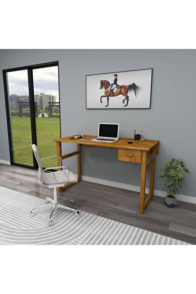 WOODFACE Masif Ahşap Doğal Ahşap Çekmeceli Çalışma Masası 116x55 Cm