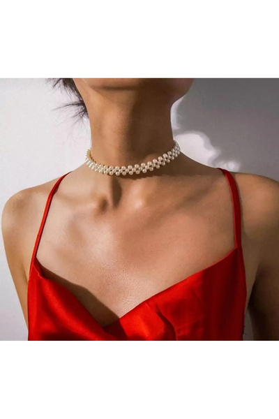 Stoneday Gold Detail Plated Design Choker Necklace with Glass Pearls