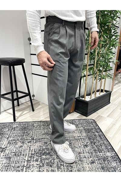 UTTBASİC Anthracite Pleated Baggy Fabric Trousers
