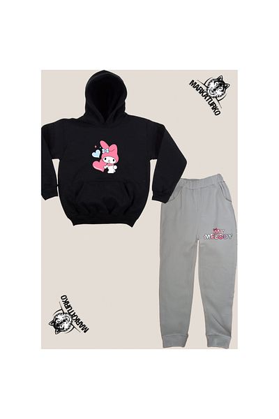 MarkaTurko MY MELODY Μπροστινό εμπριμέ Unisex Προσαρμοσμένο σχέδιο Βαμβακερό Μαύρο-Γκρι Παιδικό Σετ αθλητικής φόρμας 5050-05