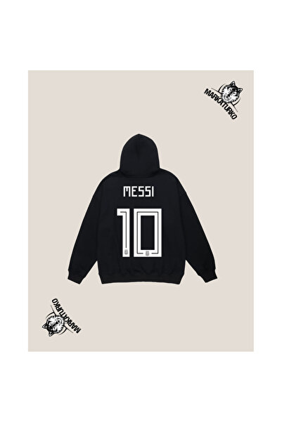MarkaTurko Messi Özel Tasarım Baskılı Siyah Kapşonlu Unisex Sweatshirt 11-23w