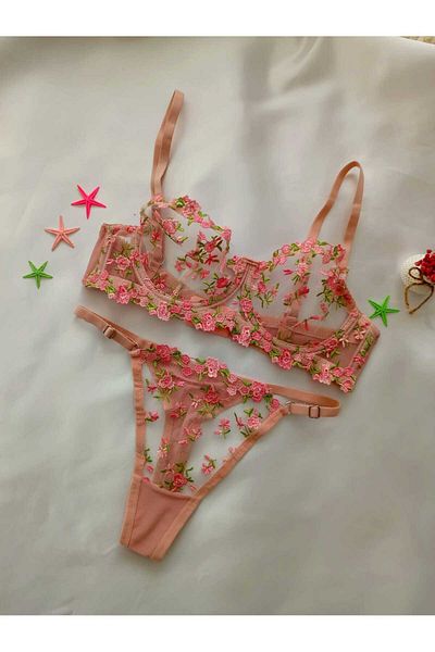 ARONA Set de sutien pentru damă din tul brodat cu broderie florală, verde, roz - Expediere în husă