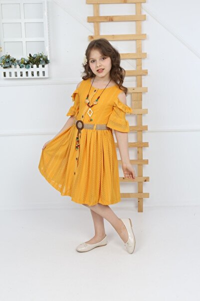 şımarık kids Girl's Yellow Belt Necklace Lace Dress