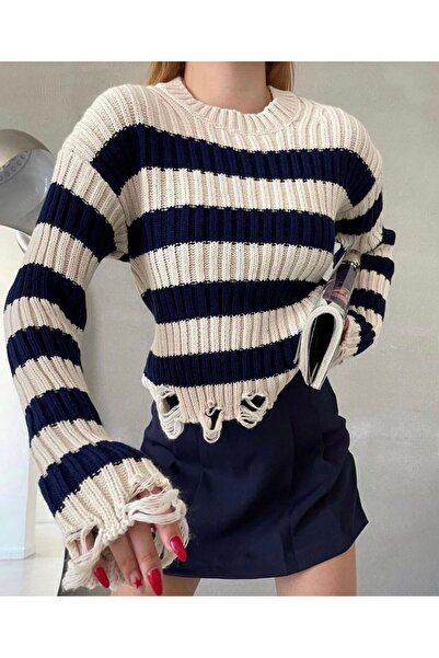 PEY MODA Bisiklet Yaka Lacivert Çizgili Yırtık Detay Triko Kazak