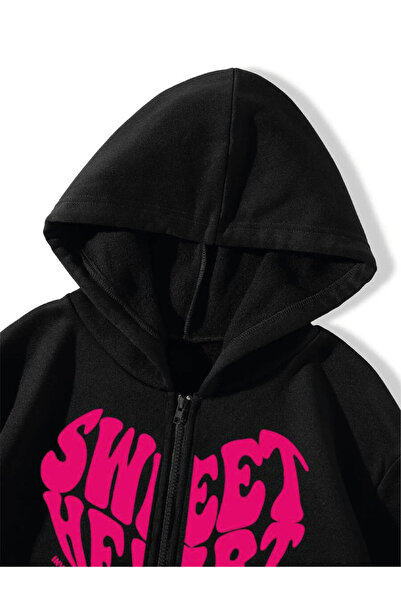 donamod Donamod Μαύρη ζακέτα Unisex - Με κουκούλα, Καρδιά Sweet Heart μανίκια, Φερμουάρ