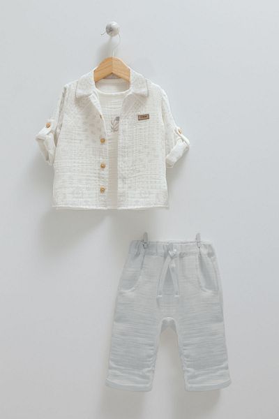 Caramell Draw Boy Summer Collection 100% Cotton Muslin Fabric Gray Men's 3-Piece Set