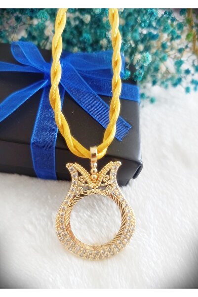 Grcstyle Yarım Altın Çerçeveli Kolye ,yarım Altın Takılan Sarı Ipli Kolye