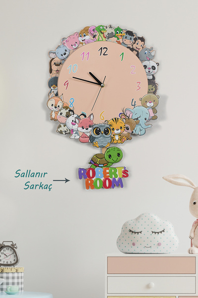 elfidadesign 3 Boyutlu Sevimli Hayvanlar Sarkaçlı Çocuk Odası Ahşap Duvar Saa...