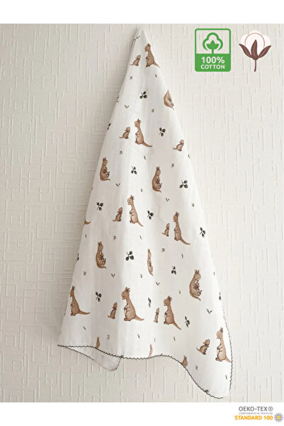 Bamoola 80x90 cm Kangaroo Patterned 100% Cotton Muslin Blanket - Edge Embroid...