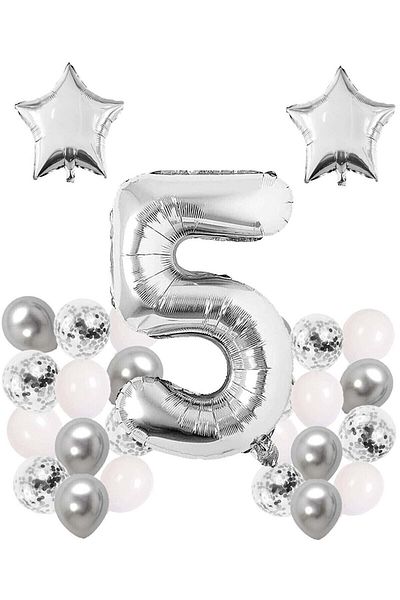 Bkmc Silver Concept Year Birthday Celebration Set White Silver Confetti Balloon Number Star Foil