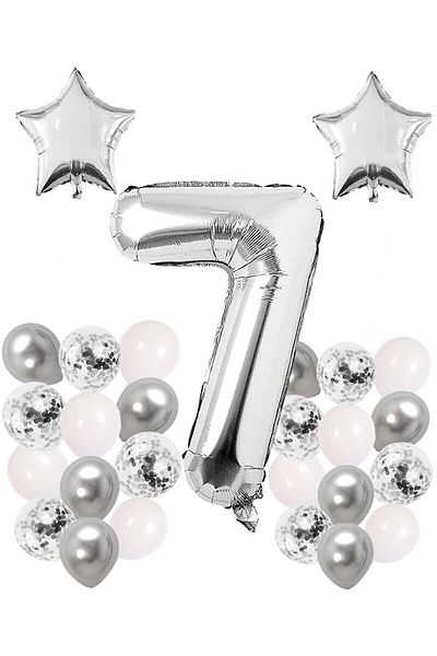 Bkmc Silver Concept Year Birthday Celebration Set White Silver Confetti Balloon Number Star Foil