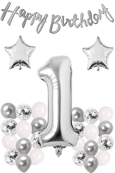 Bkmc Silver Concept Birthday Celebration Set White Silver Confetti Balloon Nu...
