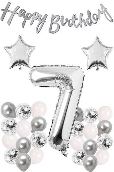 Bkmc Silver Concept Birthday Celebration Set White Silver Confetti Balloon Number Star Foil And Banner