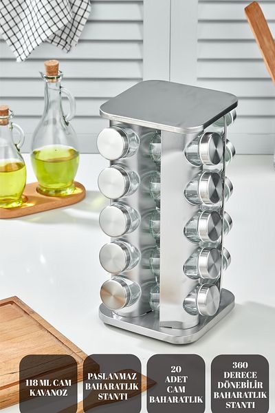 vipgross GLASS SPICE SET WITH 360° ROTATING COUNTER TOP STAINLESS STAND - 20 PIECES - 20 PIECES CHROME SQUARE