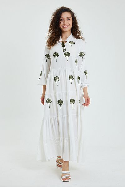 Denismoda Women's Long Balloon Sleeve Embroidery Detailed Long Viscose Dress