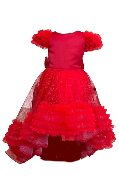 zühre balaban Red Shine Spring Kırmızı Önü Kısa Arkası Uzun Kız Çocuk Abiye Elbise