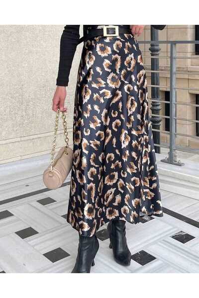 GİYSİ DÜNYASI تنورة من قماش الساتان عالية الخصر بطباعة كاملة الطول
