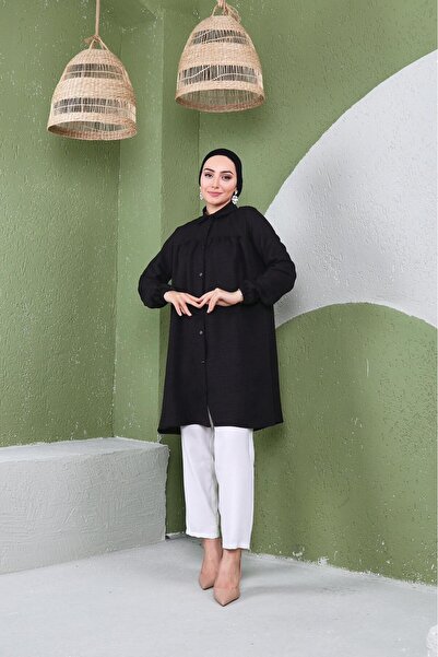 Giyim Gezegeni Women's Imported Linen Tunic Shirt with Gathered Front and Elastic Sleeves