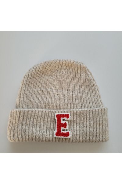 initialess Mohair Folded Knitted Stone Wool Beret with Letter E