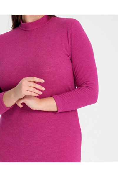 Butik Nilyam Women's Large Size Turtleneck Basic Dress Pink 22010