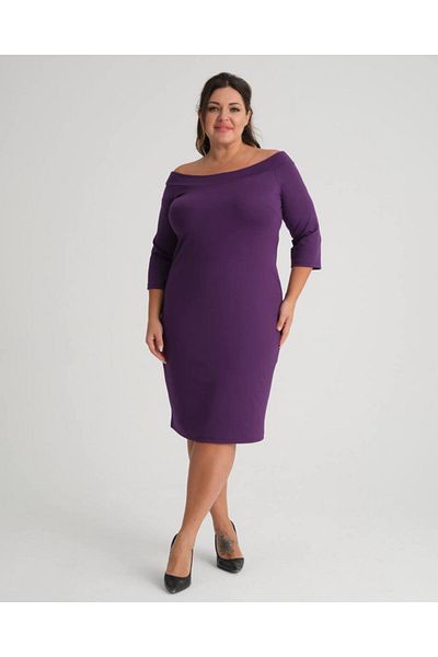 Butik Nilyam Women's Large Size Boat Neck Crepe Fabric Straight Dress 22008 Purple
