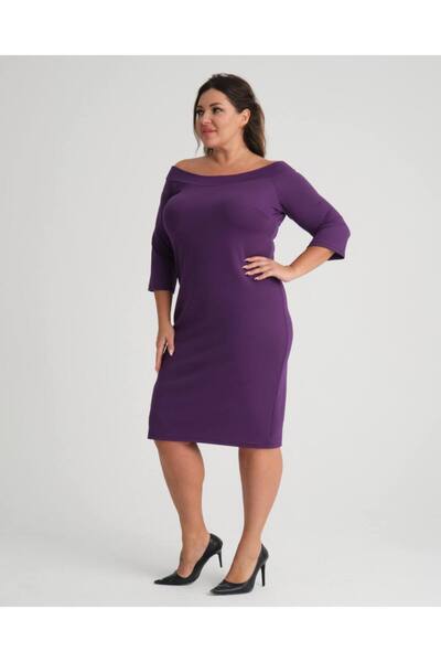 Butik Nilyam Women's Large Size Boat Neck Crepe Fabric Straight Dress 22008 Purple