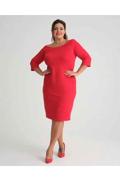 Butik Nilyam Women's Large Size Boat Neck Crepe Fabric Straight Dress 22008 Red