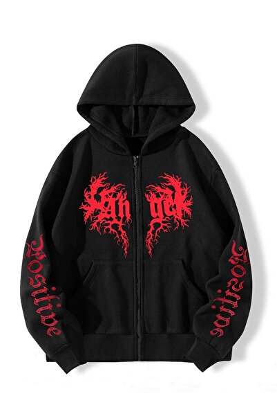 donamod Donamod Μαύρη ζακέτα Unisex - Με κουκούλα, στάμπα με μανίκια Angel Heart, φερμουάρ