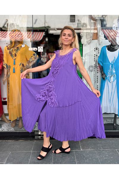 Sosyete Kaplumbağa Authentic Voile Cotton Guipure Detailed Strappy Maxi Dress