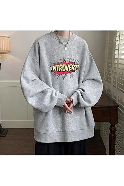 Le Savu Unisex Insane cu imprimeu Gri Colorat supradimensionat guler rotund S...