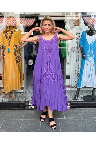 Sosyete Kaplumbağa Authentic Voile Cotton Guipure Detailed Strappy Maxi Dress