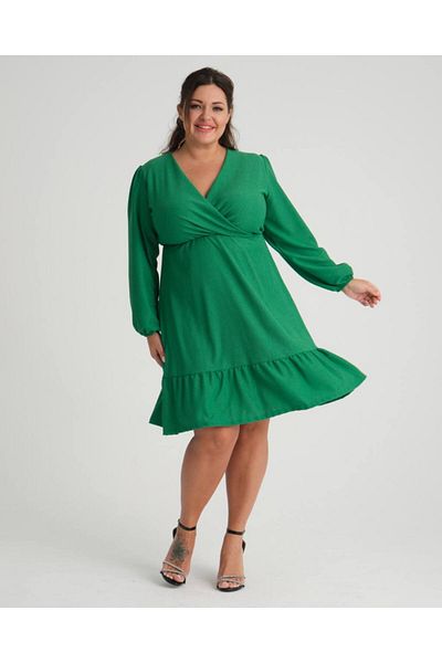 Butik Nilyam Women's Plus Size Double Breasted Collar Long Sleeve Dress 22015 Green
