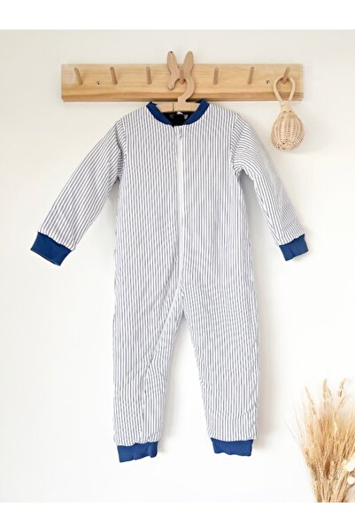 KEY KIDS Beyaz Ince Dikey Çizgili Pamuklu Bacakı Çocuk Uyku Tulumu