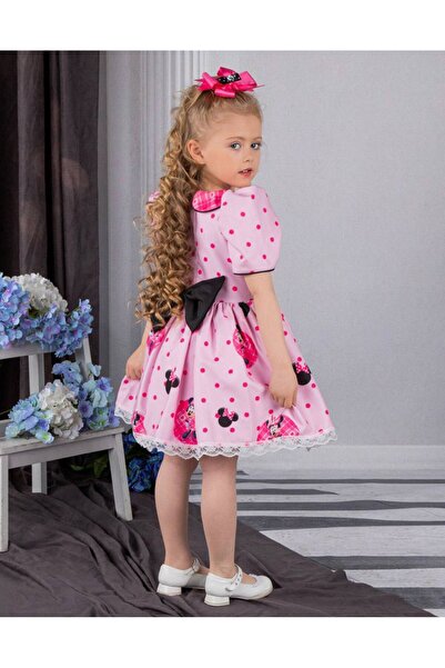 Sare Çocuk Giyim Pembe Minie Mouse Baskılı Doğum Günü Çocuk Elbisesi