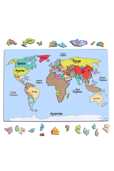 kutuTR Notpa Ahşap Renkli Dünya Haritası Puzzle 5 Yaş Ve Yetişkinler Için Yapboz 30x44 cm