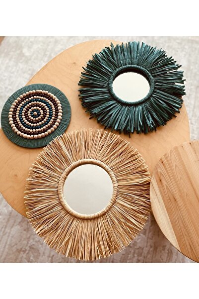 Aylak Tasarım Aylak Şeyler Üçlü yeşil detaylı bohem set boncuklu rafya süs