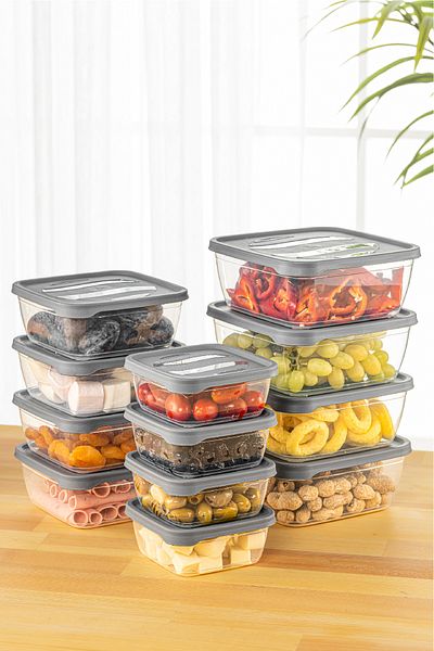 Vienev Microwave Square Storage Set of 12 - 4X(500-1000-1600 ml) Anthracite for Vegetables, Fruits and Meat