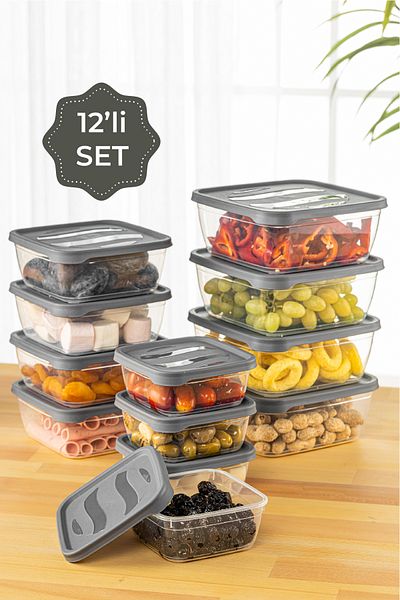 Vienev Microwave Square Storage Set of 12 - 4X(500-1000-1600 ml) Anthracite for Vegetables, Fruits and Meat