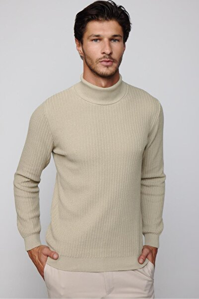 Tudors Men's Slim Fit Full Turtleneck Non Pilling Stone Color Knitwear Sweater