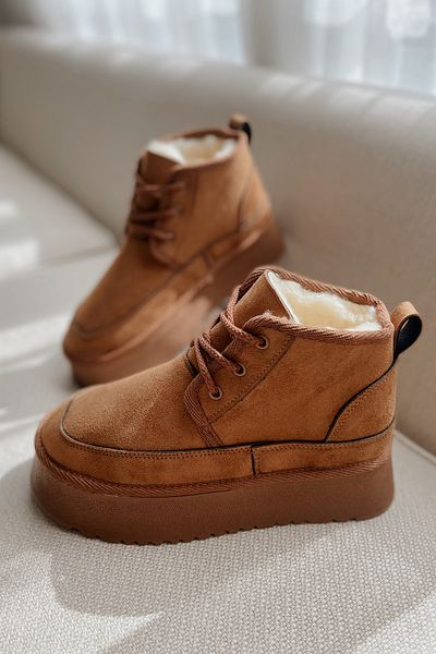 POLKA STORE Άνετα γυναικεία μποτάκια Ultra Mini Πλατφόρμα με επένδυση από γούνα με χοντρή σόλα καφέ καφέ με κορδόνια