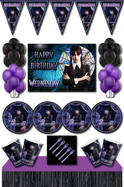 Parti Furyası Wednesday Birthday Concept 8-Person Banner Wednesday Birthday Set with Black Table Skirt