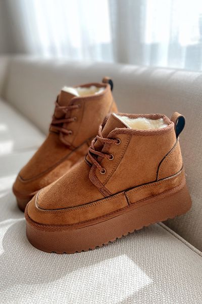 POLKA STORE Άνετα γυναικεία μποτάκια Ultra Mini Πλατφόρμα με επένδυση από γούνα με χοντρή σόλα καφέ καφέ με κορδόνια