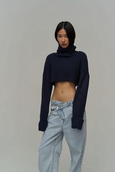 MAİ COLLECTİON Revue Throated Navy Blue Crop pulóver