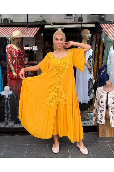 Sosyete Kaplumbağa Authentic Voile Cotton Guipure Detailed Short Sleeve Mustard Yellow Maxi Dress