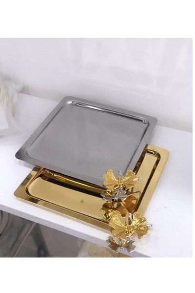 Farklıevim Luxury Set of 6 Coffee/Tea/Decorative Presentation Tray - Plain Stainless Steel, Square Accessory