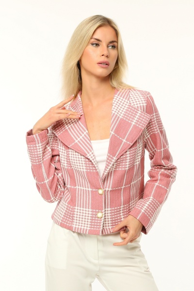 Owut Collection Γυναικείο ροζ καρό μπουφάν με διπλό κουμπί