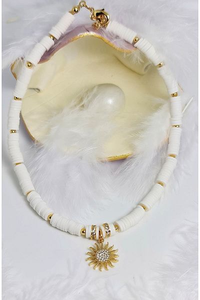 WONDER TOUCH Women's White Fimo Bead Sun Necklace, Summer Jewelry, Choker Necklace, Gift Necklace, 6mm Fimo